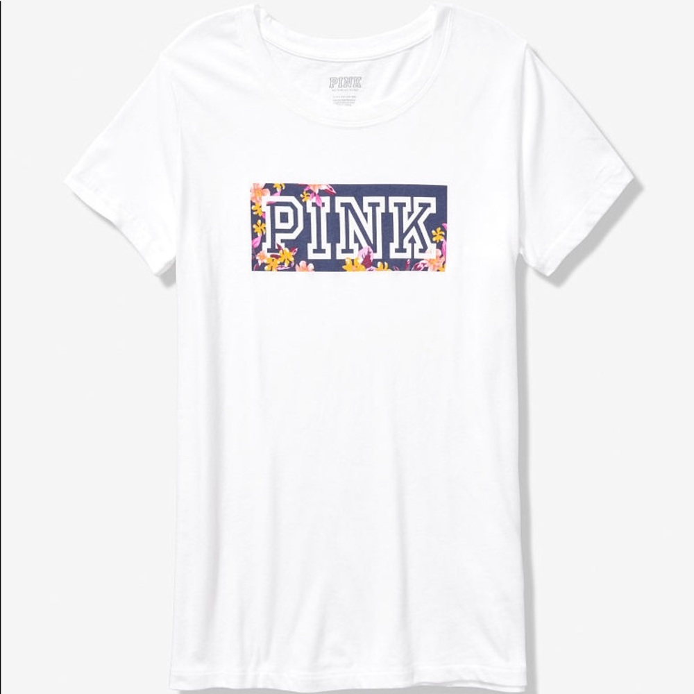 ๐VS PINK WHITE & FLORAL LOGO RAGLAN CREW TEE - Picture 1 of 5